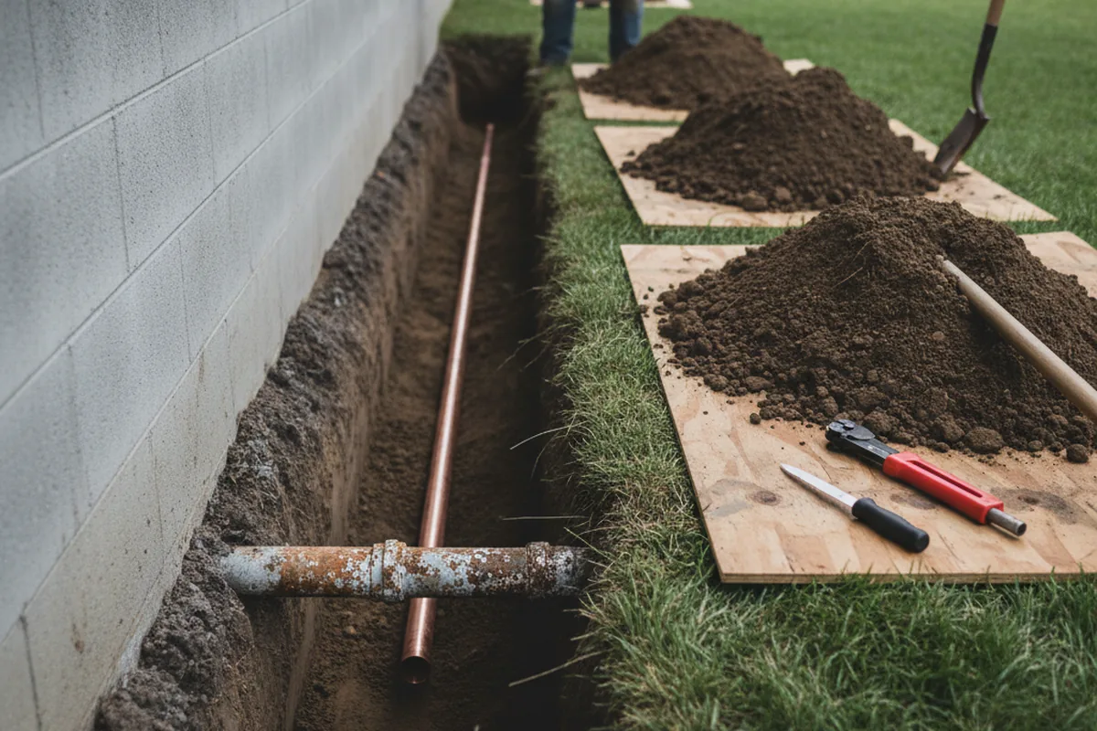Excavated water line trench during Water Heater Repair in Santa Ana